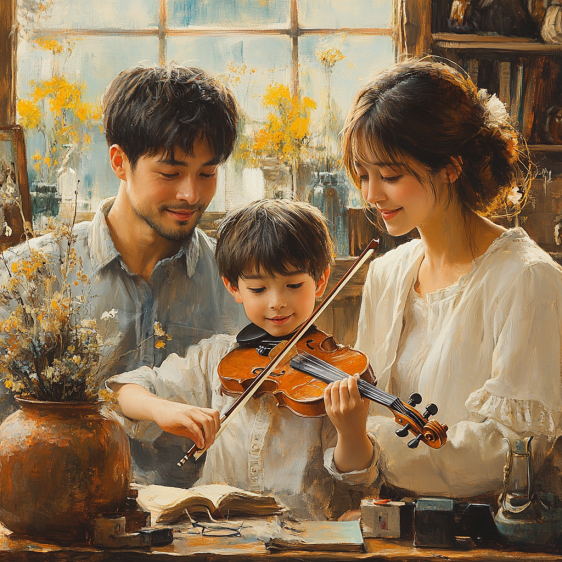 Familia con niño que practica violín