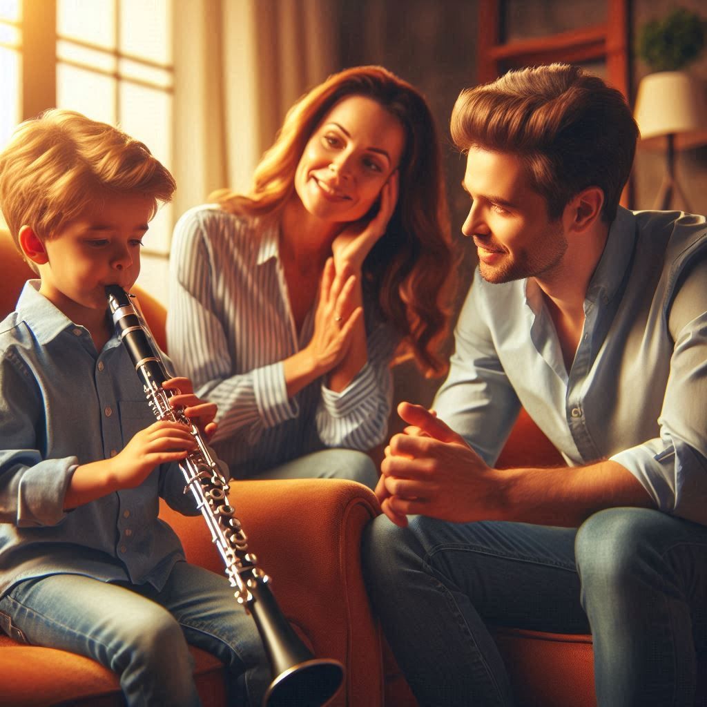 Niño toca clarinete en su casa junto a sus padres