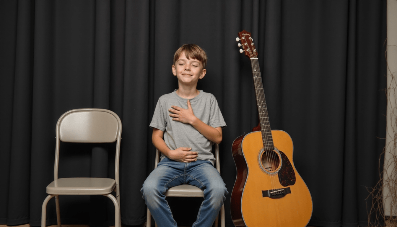 Imagen de un niño haciendo un ejercicio de respiración antes de tocar en escena
